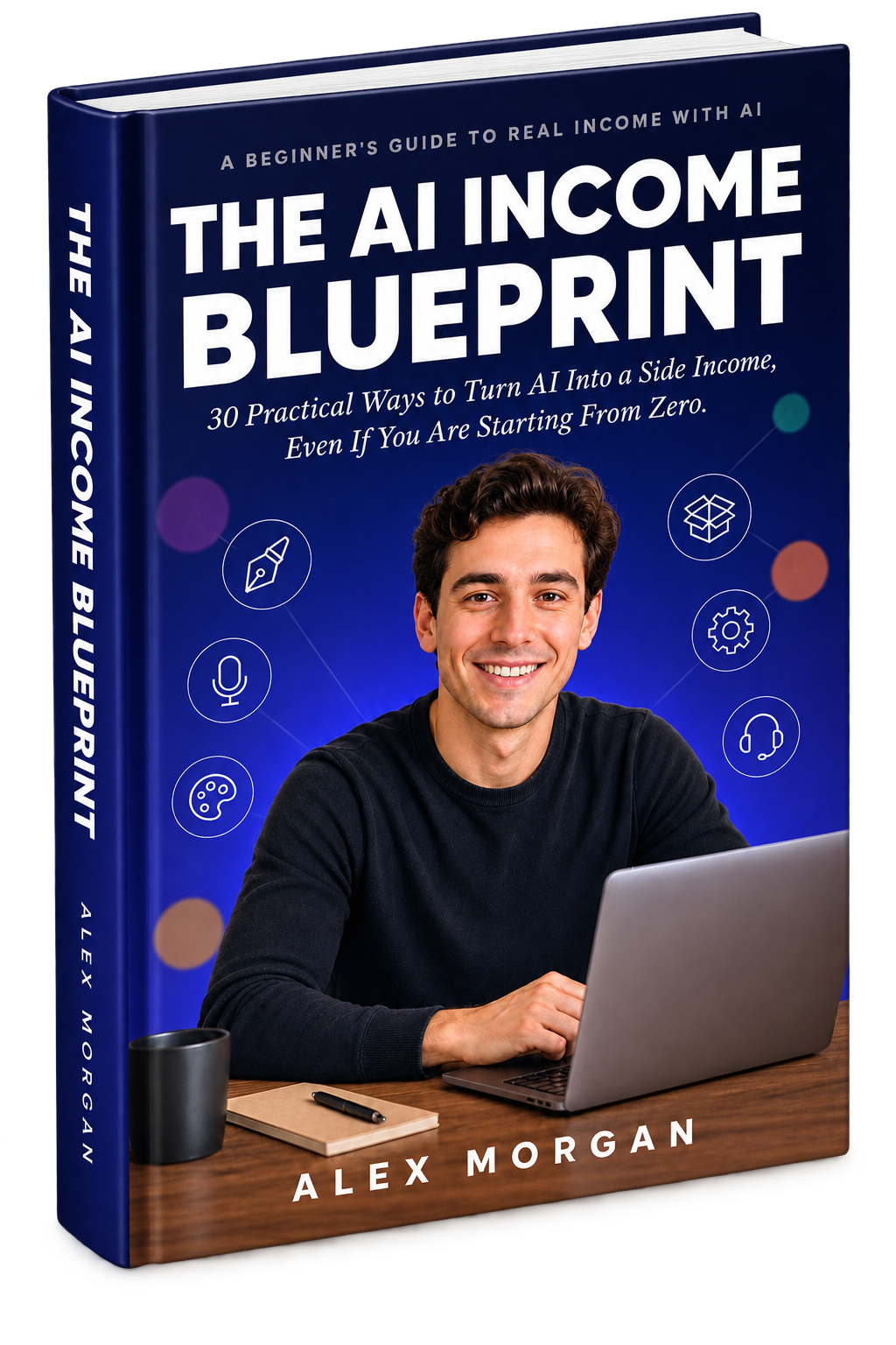 The AI Income Blueprint, 3D book mockup showing the ebook cover with 30 practical AI income ideas